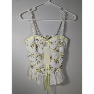 Thirty Thirty Floral Ribbon Strap Crop Top Lace Hippie Flower Ruffles Midriff